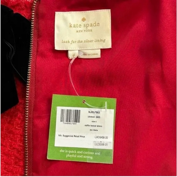 Kate Spade New York Red with Black Bow Sleeveless Fit and Flare Ruffle Tweed - Picture 11 of 11
